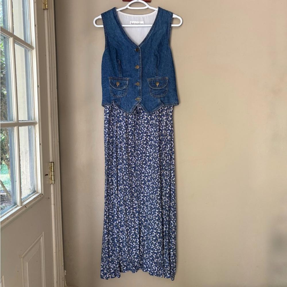Vintage Blue Floral Maxi Dress with Denim Vest